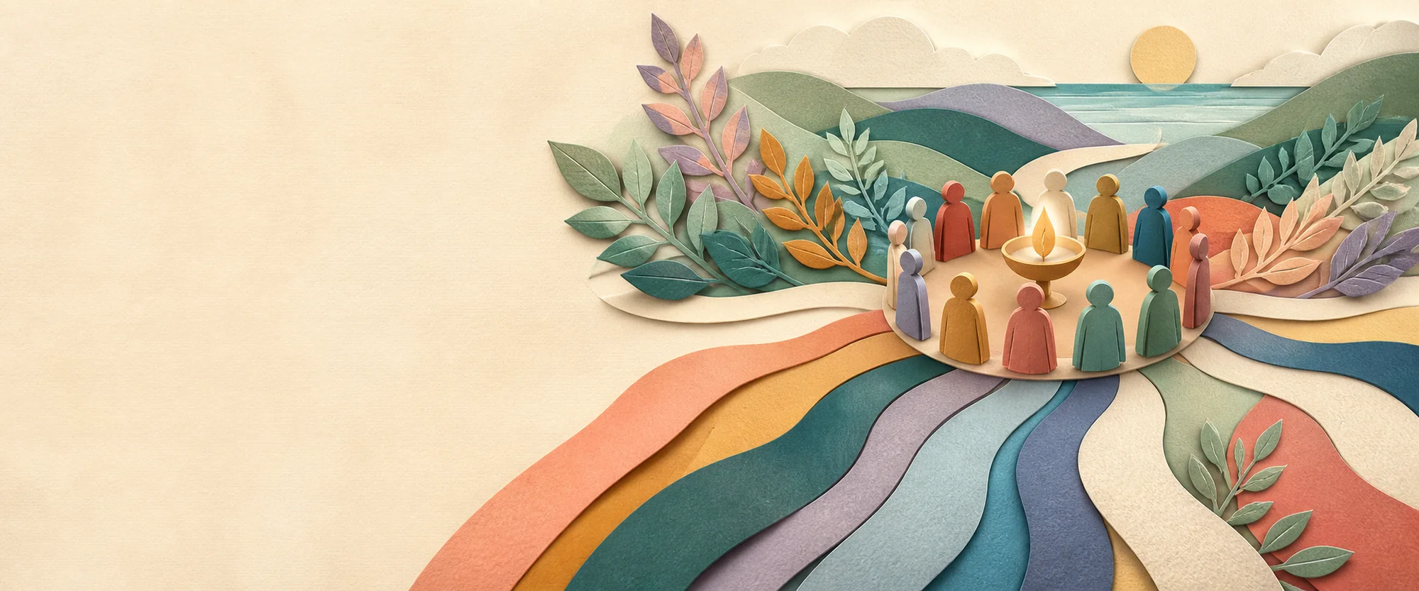 A diverse group gathered around a chalice where many colorful paths meet.