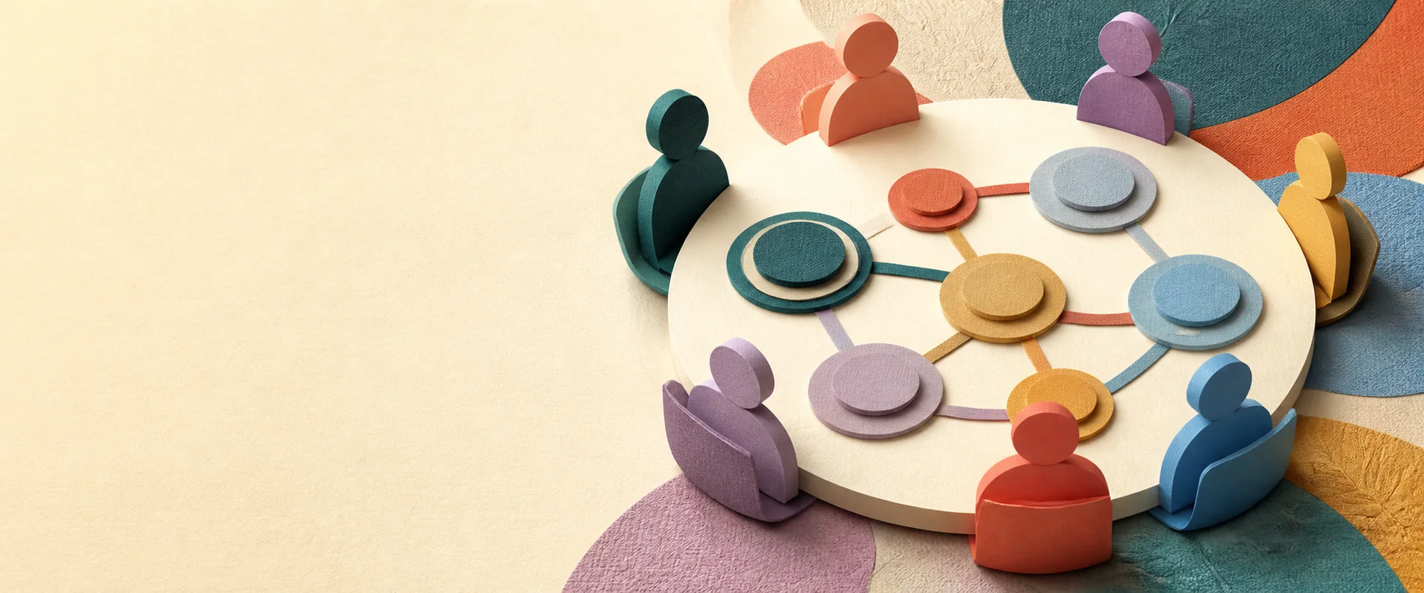 People seated around a round table connected by colorful circles.
