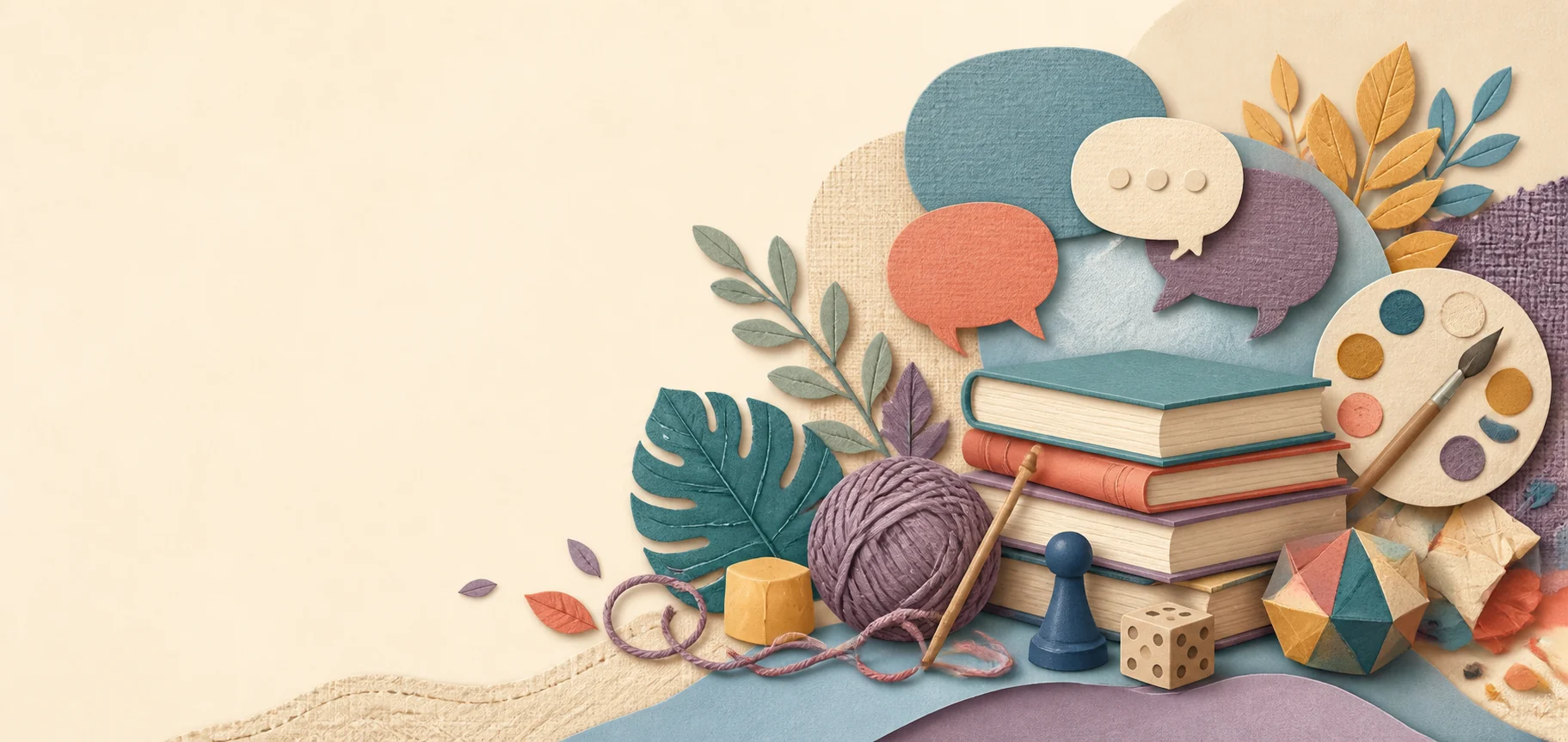 Books, yarn, art supplies, and conversation bubbles grouped together.