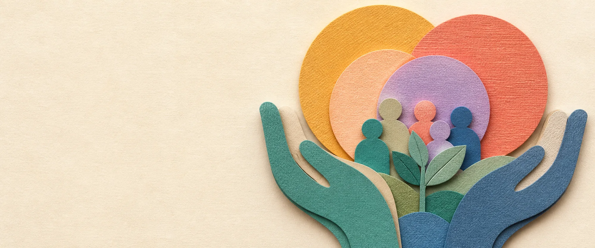 Open hands holding overlapping hearts and a small group of people.