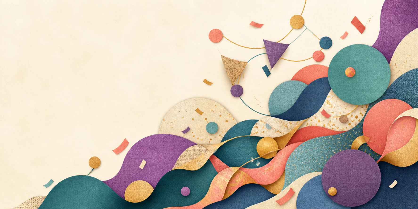 Colorful shapes, flags, and confetti flowing together in celebration.