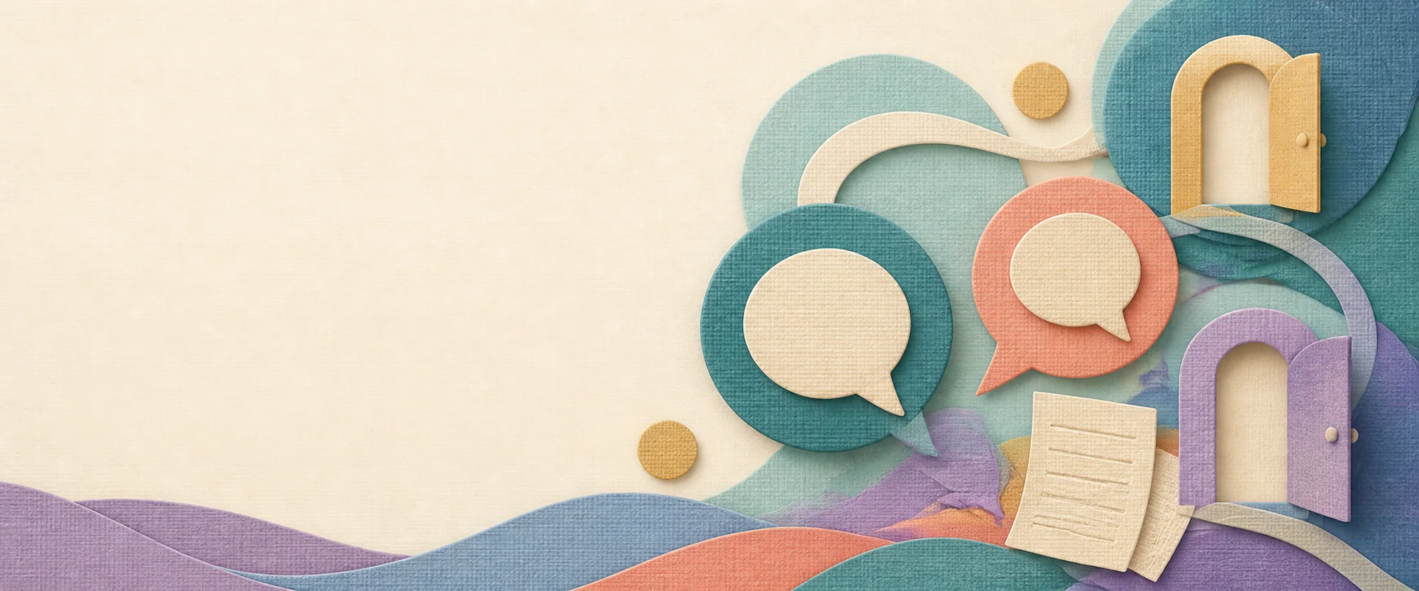 Overlapping colorful speech bubbles, open doorways, and a sheet of paper.