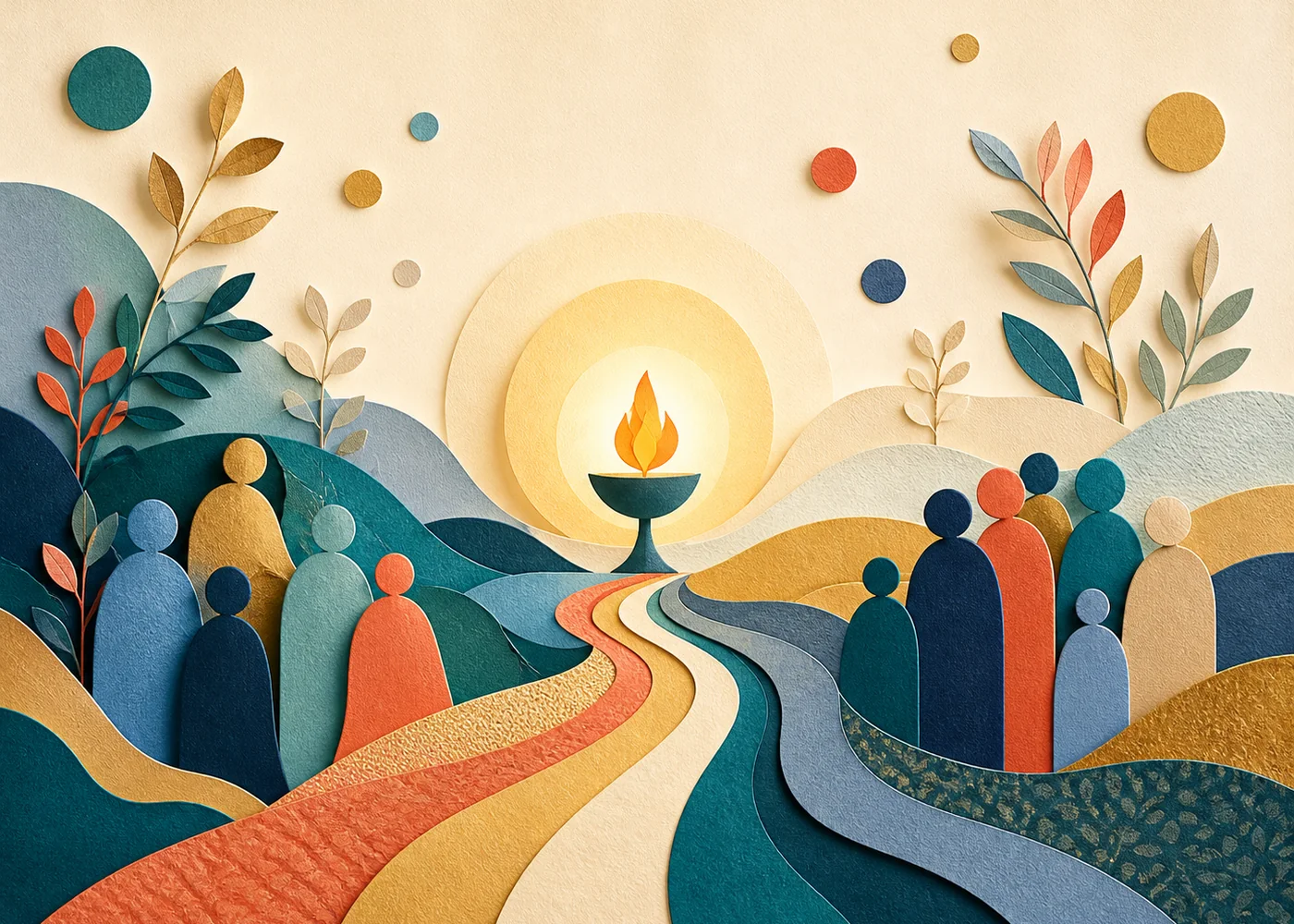 A warm chalice illustration with colorful paths and community gathered around it