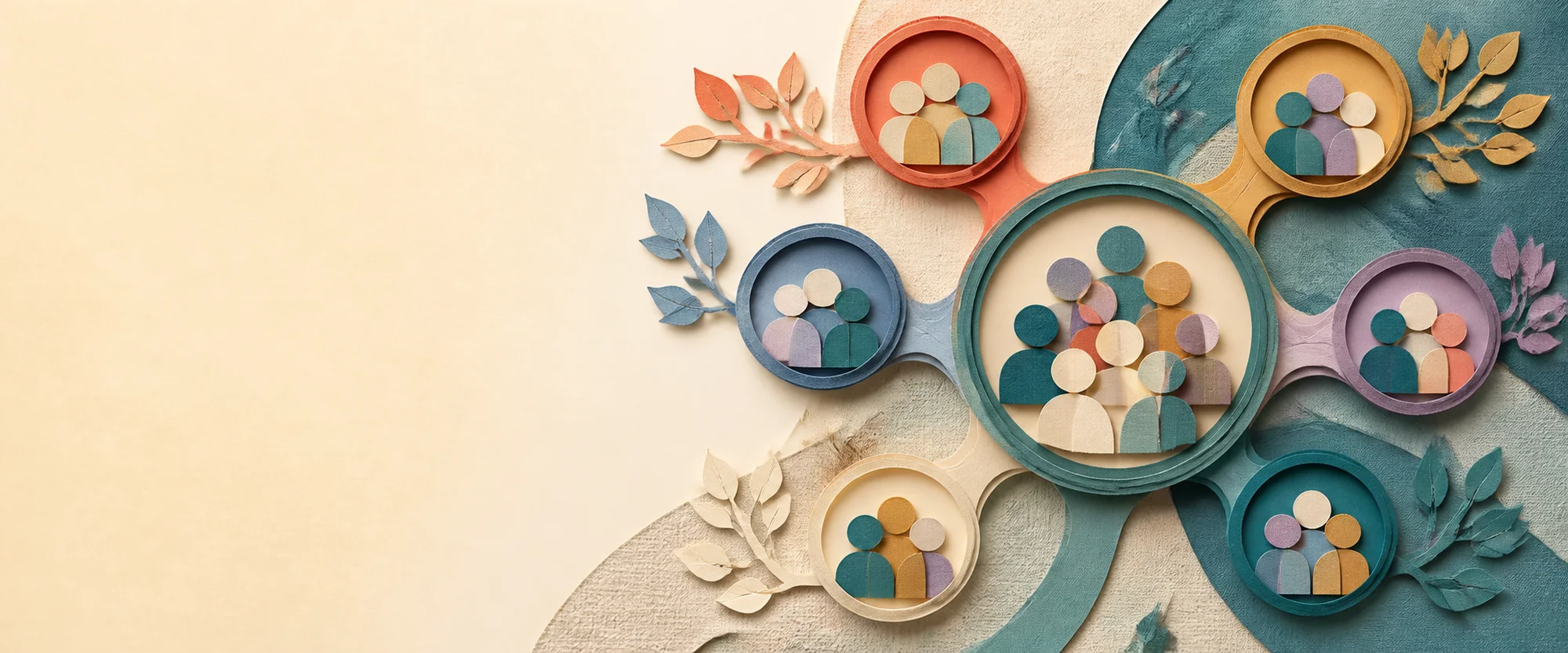 Connected circles of small groups surrounding a central community.