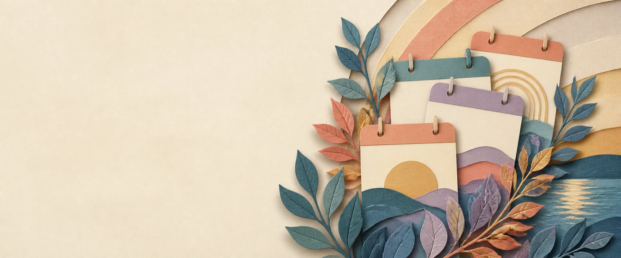 Three calendar pages framed by leaves and flowing color.
