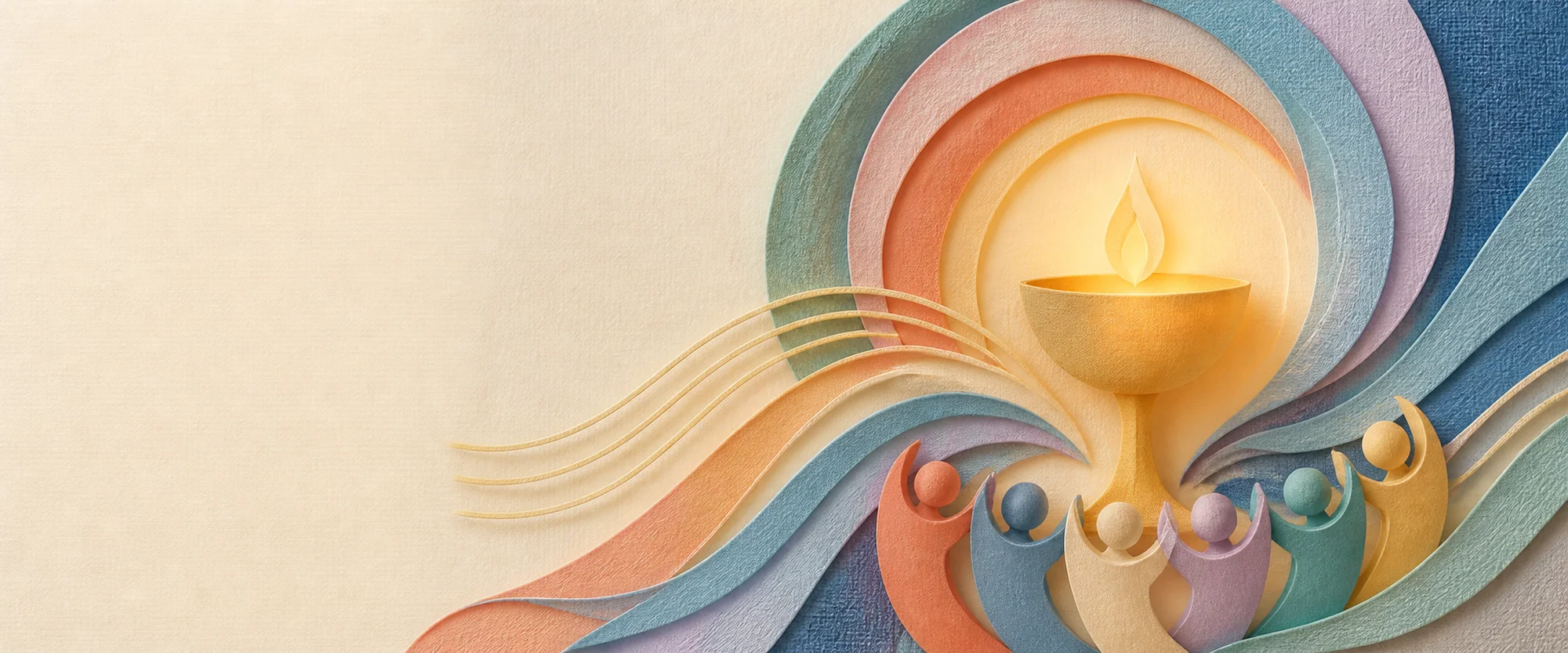 A glowing chalice surrounded by people and flowing bands of color.
