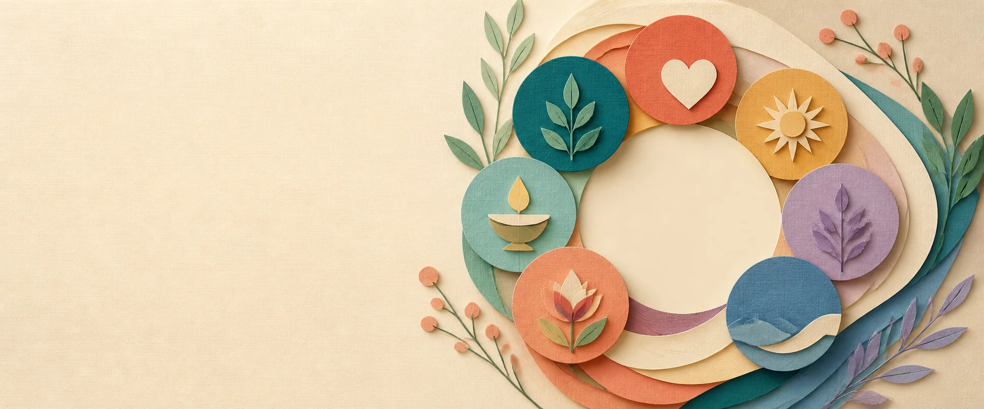 A circular wreath of UU symbols, leaves, hearts, and a chalice representing shared values.