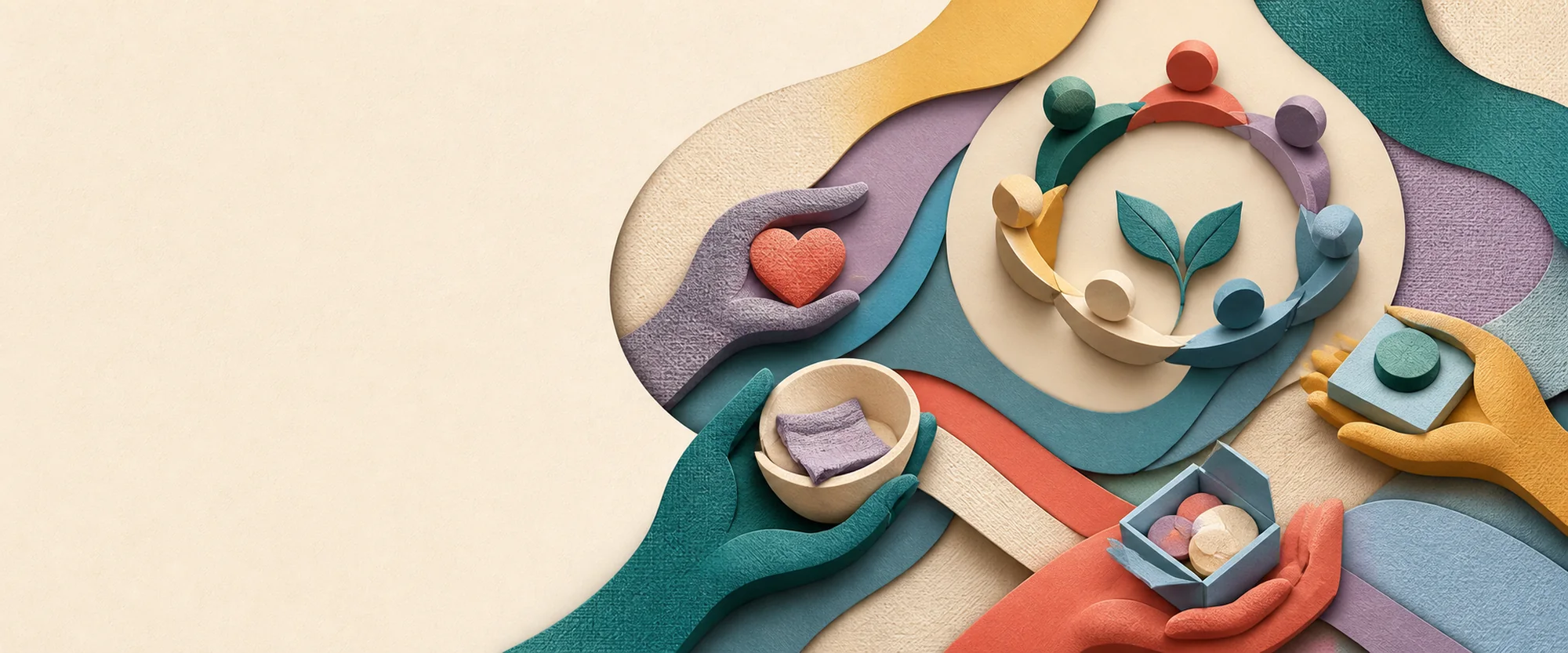 Hands passing a cup, book, heart, and plant around a shared circle.