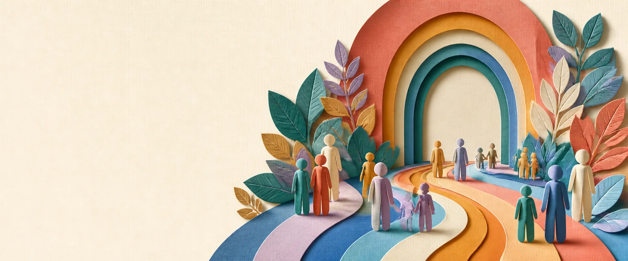 A diverse community gathered beneath a rainbow archway.